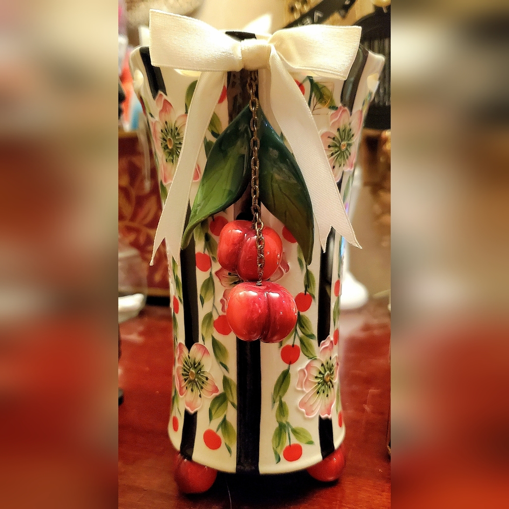 🚫SOLD🚫 Blue Sky 2004 Cherries Vase 7.5" Black White, Cherries & Leaves